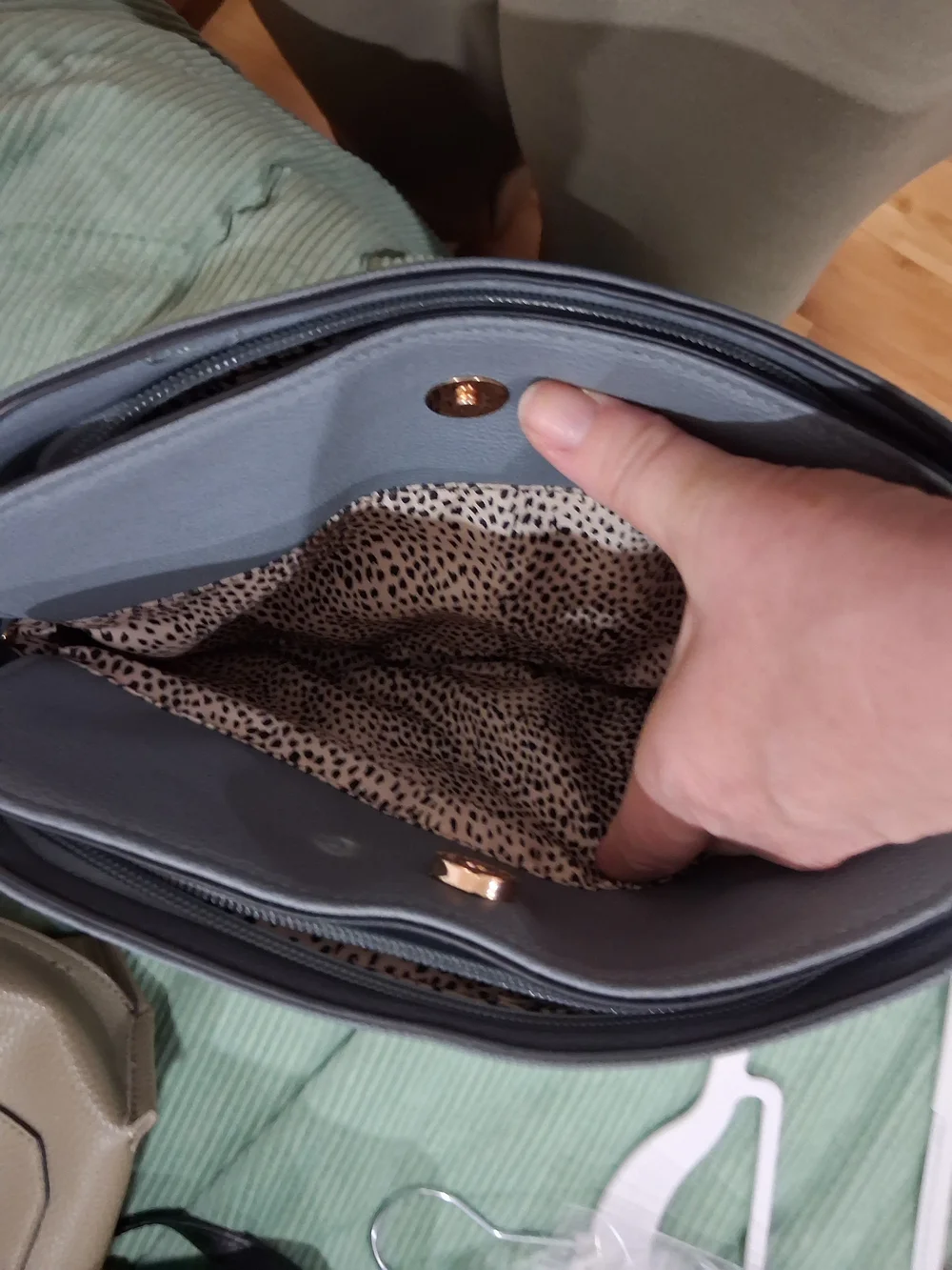 Small Pebbled Light Gray Crossbody Bag with Gold Accent